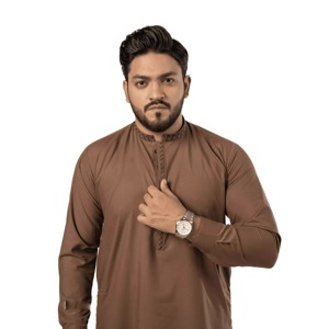 Factory Wholesale OEM <b>Men's</b> Brown Digital Print Salwar Kameez Wash and Wear Band Collar Semi Formal Traditional <b>Kurta</b> Suit - Product Image 4