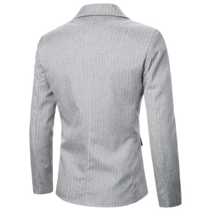 Men's Gray Pinstripe <b>Blazer</b> Single Breasted Notched Collar Slim Fit British Style Formal <b>Jacket</b> Anti-Wrinkle Polyester - Product Image 3