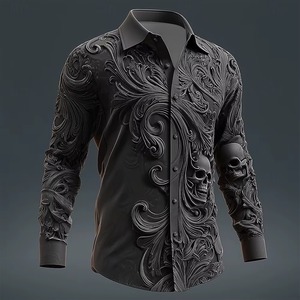 Camisa de Manga Larga para Hombre con Estampado Floral de Calaveras del Día de Muertos, Ropa Casual de Calle para Otoño, Cómoda, de Poliéster - Product Image 2