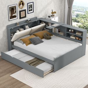 Letto matrimoniale imbottito grigio con piattaforma in legno, letto estraibile, ripiani e testiera contenitore - Product Image 1