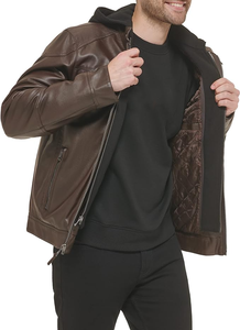 Hot Selling <b>Men's</b> Classic <b>Leather</b> <b>Jacket</b> with Removable Hood and Stand Collar OEM Canvas <b>jacket</b> for <b>men</b> - Product Image 1