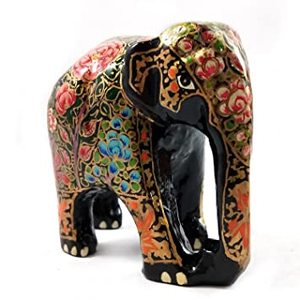 Wooden Elephant <b>Statue</b> With <b>Gold</b> Inlay Decor Indian Traditional Style Brown Color Decorative Figurine - Product Image 3