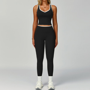 Fashion Crossback Nude Feeling Quick Dry Anti-Bacterial Solid Front Logo Bra Lift Leggings Fitness Gym Yoga Two Pieces Sets - Product Image 1