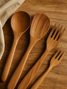 Juego de Cubiertos de Madera Orgánica para Servir Ensaladas, Tenedor, Cuchillo y Cuchara, Utensilios Ecológicos Hechos de Madera de Acacia, Herramientas de Cocina Manuales - Product Image 6