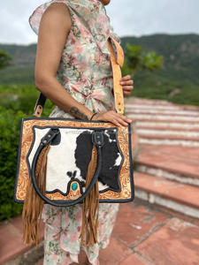 New Stylish Cowhide Fur Leather Color <b>Tooled</b> Fringes <b>Tote</b> <b>Bag</b> and Real Hair on Hide Color <b>Tooled</b> Fur Leather Clutch Combo Sets - Product Image 4