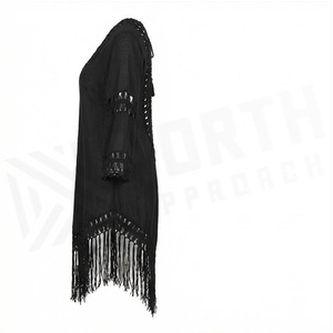 Women's Black Chiffon Boho Tunic With Lace Hollow Neck And <b>Fringe</b> Hem - Product Image 3