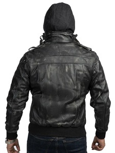 Veste en cuir noire à capuche pour homme, style motard, effet usé - Product Image 2