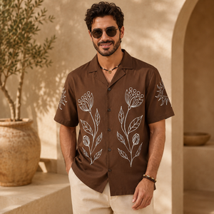 Premium Men's Brown Cotton Embroidered <b>Shirt</b> <b>Half</b> Sleeve Casual Cuban Collar <b>Shirt</b> with White Floral Design - Product Image 1