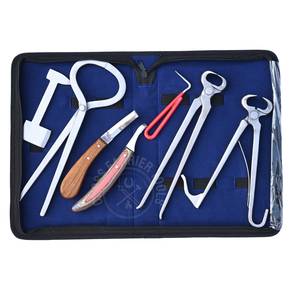 Juego completo de herramientas de herrador para el cuidado de pezuñas de caballo: Cortador de pezuñas para potros, Probador de pezuñas, Cuchilla curva para pezuñas, Lazo para abscesos, Lima raspadora y Pulidor, con estuche - Product Image 1