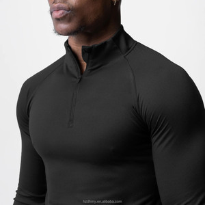 Camiseta Deportiva de Manga Larga para Hombre, Corte Ajustado, Cuello Alto, Tejido de Punto, Secado Rápido, Color Gris Sólido - Product Image 5