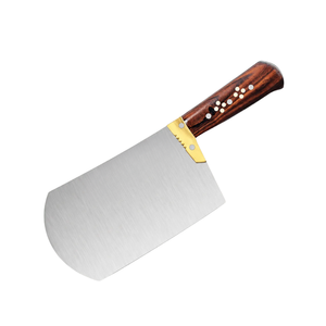 Couteau de boucher en acier inoxydable argenté avec manche en bois brun et bolster doré, lame large pour couper la viande en cuisine - Product Image 1