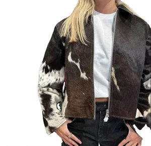 Men's <b>Cow</b> Print Hair On <b>Cow</b> Hide Leather Jacket Western Style Full Zip Front with Natural Fur Texture - Product Image 1