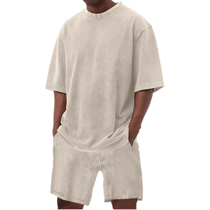 Men Stylish Summer Outfit T Shirt Acid Wash Shorts <b>Set</b> Cotton Casual Loose Fit Matching <b>Set</b> - Product Image 5