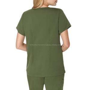 Unisex Olive Green Cotton Knitted V Neck <b>Scrub</b> <b>Top</b> with Front Pockets and Stethoscope Loop for Hospital Use - Product Image 2