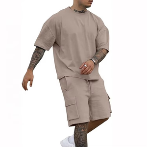 Conjunto de Camiseta de Cuello Redondo de Algodón de Color Sólido y Pantalones Cortos Cargo para Hombre, Ropa Casual de Verano - Product Image 2