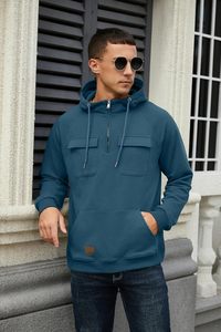 Sweat à capuche tendance pour homme, demi-zip, avec poche avant, en mélange de coton, doublure polaire, décontracté, hiver, cordon de serrage réglable, écologique, ODM - Product Image 4