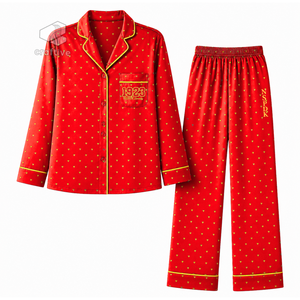 NSPDK Sorority Women's Red Heart Print Pajama Set Button Front Long Sleeve Notched Collar Contrast Piping Lounge Set <b>PJs</b> - Product Image 1