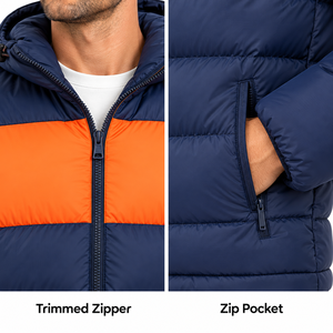 Chaqueta Acolchada con Capucha para Hombre, Diseño Color Block Azul Marino y Naranja, Relleno de Plumón, Abrigo de Invierno, Resistente al Agua, Logotipo Personalizado, OEM, Venta al Por Mayor - Product Image 4