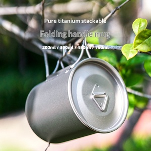 Mug en titane pur avec couvercle, pliable pour l'extérieur, avec poignée, monocouche, résistant à la chaleur, ensemble de voyage portable, tasse à eau de camping - Product Image 2