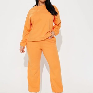 Ensemble de survêtement orange pour femmes, taille plus, col rond, sweat-shirt à manches longues avec poches latérales, taille élastique, vêtements décontractés pour l'automne - Product Image 1