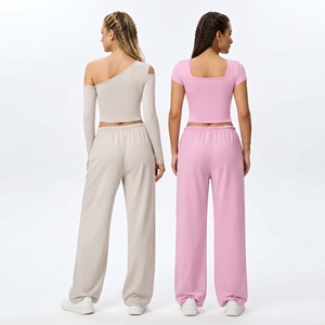 Conjunto de Yoga Kalan de 2 Piezas, Top Corto con Hombros Descubiertos y Pantalones con Cordón, Color Sólido, Transpirable, Spandex, Poliéster, Largo Completo - Product Image 3