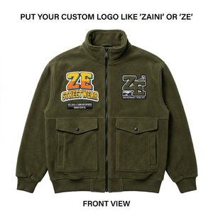 320 GSM Premium Anti Pill Polar Fleece Thin Stand Collar <b>Jacket</b> Olive Green Utility Panel Custom Printed Logo ODM - Product Image 1