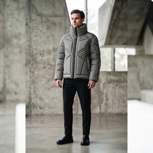 Men <b>Grey</b> Geometric Quilted Puffer Jacket <b>Stand</b> Collar Full Zip Insulated Winter <b>Coat</b> Warm Outdoor Casual Outerwear - Product Image 4