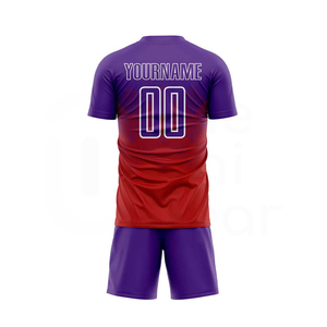 Ensemble de maillots de football sublimés personnalisés unisexes à col rond et manches courtes, dégradé violet-rouge, avec nom d'équipe - Product Image 2