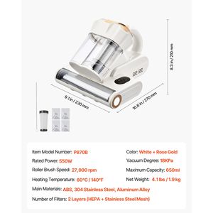 Aspiradora para Colchones de 550W, 18Kpa de Succión Potente, Doble Depósito de Polvo, Filtro HEPA, Calefacción Ultras, 18Kpa de Succión Potente, Doble Depósito de Polvo - Product Image 4