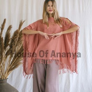 Poncho Rosa de Algodón Crudo para Mujer, Top Bohemio, Túnica Fluida para Festival, Estilo Hippie Gitano, Hombros Descubiertos, Ropa de Verano, Túnica Ligera de Algodón - Product Image 4
