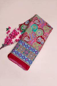 Red Multicolour Natural Crepe Floral Buta Placement Print Fabric with Heavy Ornamental Border for Ethnic Wear Kurti Material - Product Image 6