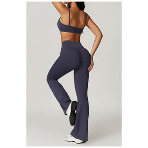 Ensemble de yoga taille haute uni avec logo personnalisé, hauts de yoga pour femmes à taille élastique sans couture + pantalon long jusqu'aux chevilles, kit de fitness avec découpes - Product Image 5