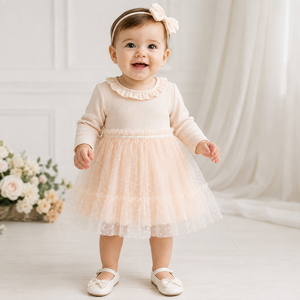 Robe de soirée en tulle côtelé à manches longues pour bébé fille avec col à volants - Product Image 3