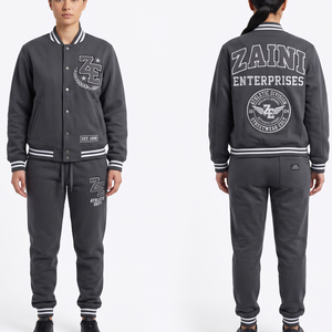 Premium 340 GSM Cotton Polyester Fleece Women Varsity Tracksuit Charcoal Grey Custom Chenille <b>Embroidery</b> Applique Woven Label - Product Image 1