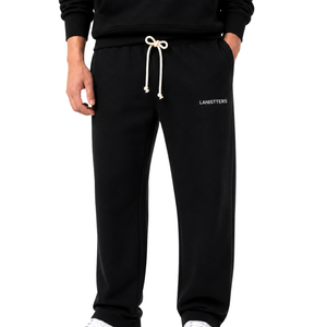 Pantalon de survêtement en molleton noir pour homme, taille élastique avec cordon de serrage, coupe droite décontractée, pantalon de détente d'hiver avec poches - Product Image 1