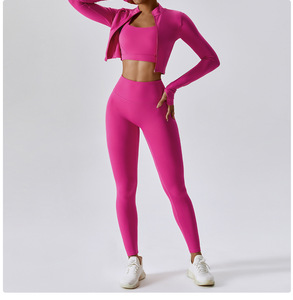 Ensemble de vêtements de fitness 3 pièces pour femmes, leggings taille haute longueur intégrale, haut de yoga respirant en Spandex/Nylon, logo personnalisé - Product Image 4