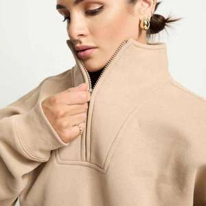 Womens Beige Half Zip Sweatshirt And <b>Matching</b> <b>Joggers</b> <b>Set</b> Premium Heavyweight Fleece Pullover Athletic Loungewear Casual - Product Image 2