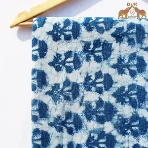 Floral Indigo blue pure cotton cambric fabric hand printed Indigo dyed high quality durable summer cotton fabric