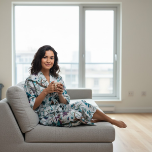 Bata Kimono de Algodón Gris Floral para Mujer, Manga Larga, Ropa de Dormir, Bata de Baño Larga con Cinturón Ajustable - Product Image 3