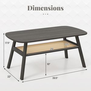 Tavolino da Caffè Rettangolare a 2 Livelli con Ripiano in Rattan e Gambe in Legno di Gomma, Stile Classico - Product Image 5