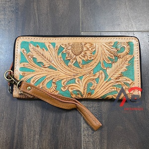 Nuevo Bolso de Mano para Mujer con Diseño de Girasol Grabado a Mano, Cartera de Cuero Genuino Turquesa con Tarjetero y Correa de Muñeca Desmontable - Product Image 1