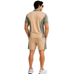 Ensemble polo et short pour homme beige et vert sauge, rayures contrastées, tenue décontractée d'été en deux pièces, logo personnalisé, vêtements de sport - Product Image 2