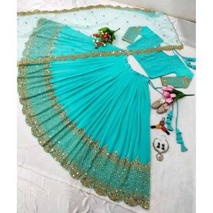DISEÑADOR GEORGETTE BORDADO SECUENCIA TRABAJO LEHENGA CHOLI CON DUPATTA SKY - Product Image 1
