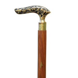 Canne de marche en bois artisanale avec poignée en laiton florale, canne en bois brun pour homme avec motif floral doré décoratif - Product Image 1