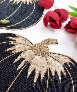 Luxury Customized Color Canvas Handmade Seed <b>Bead</b> Reusable 500mm Diameter <b>Placemat</b> Gold Sequin Detail Thanksgiving Fall Dining - Product Image 4