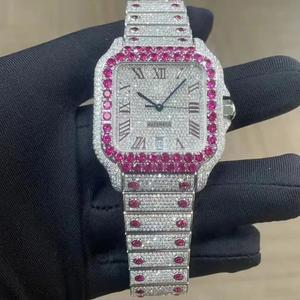 <b>Iced</b> <b>Out</b> Square Stainless Steel Luxury Automatic <b>Watch</b> with Pink Ruby Bezel Full Moissanite Diamond Dial Roman Numerals - Product Image 1