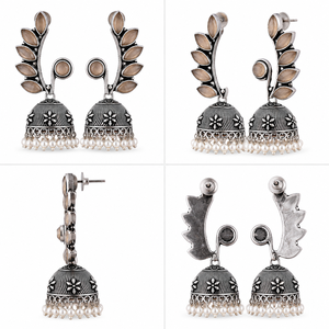 Monalisa Stone Antique <b>Silver</b> Plated Brass <b>Dangle</b> Jhumka <b>Earrings</b> with Lovers Design for Women Party Wear Trendy Style - Product Image 6