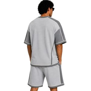 <b>Light</b> Grey Mens Oversized T Shirt And Shorts Set Dark Grey Contrast <b>Panels</b> Custom Logo Crew Neck Casual Streetwear Wholesale - Product Image 2
