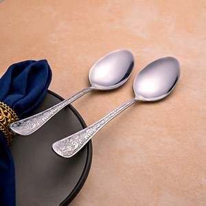Juego de 2 Cucharas de Cena de Filigrana Plateada con Mango Largo, Estilo Occidental Moderno, Acero Inoxidable, Uso Comercial para Hoteles - Product Image 1