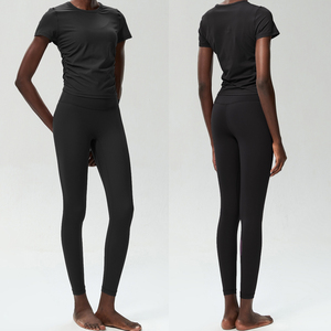 Women's Quick-Drying <b>Cross</b>-Border Outdoor Sports Running Two-Piece Set-Nude Fitness Yoga Suit Side Pleat Solid Pattern Waist - Product Image 4